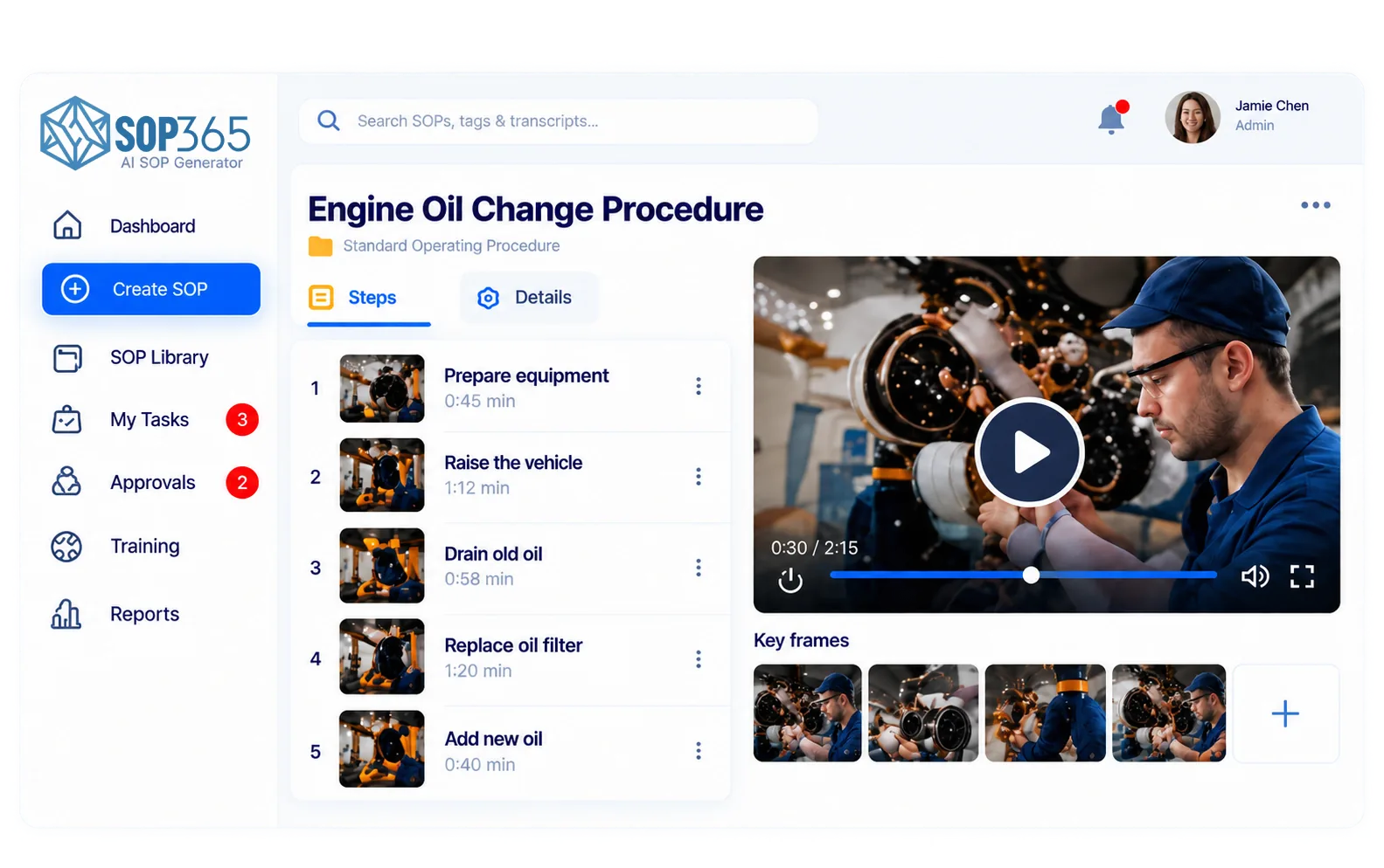 SOP365 editor with AI-generated steps, screenshots and safety notes